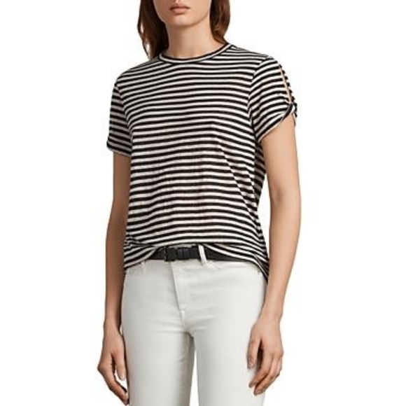 All Saints Mazzy Devo Red White Striped Tee Slit Twist Sleeves - Picture 7 of 7